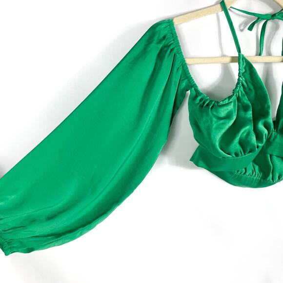 Superdown Reyba Off‎ Shoulder Crop Top Green Satin Keyhole Long Sleeve Sz XS - Picture 8 of 12